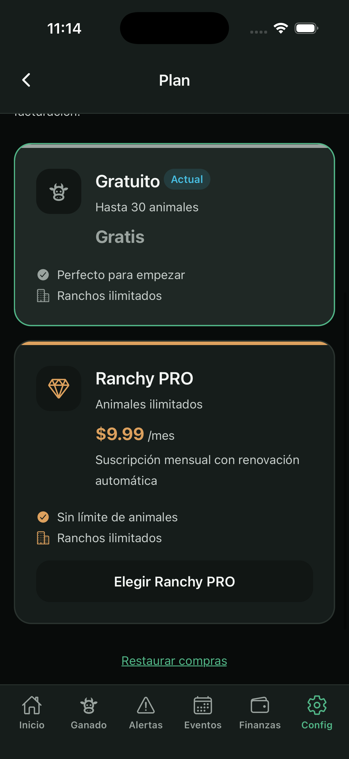 Free / PRO plan screen